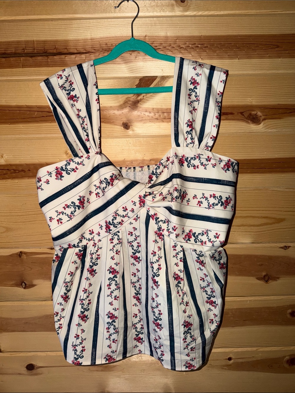 SHEIN Cream and Navy Striped Floral Knot-Front Tank